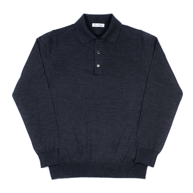 Long Sleeve Knitted Polo in Charcoal Merino Wool