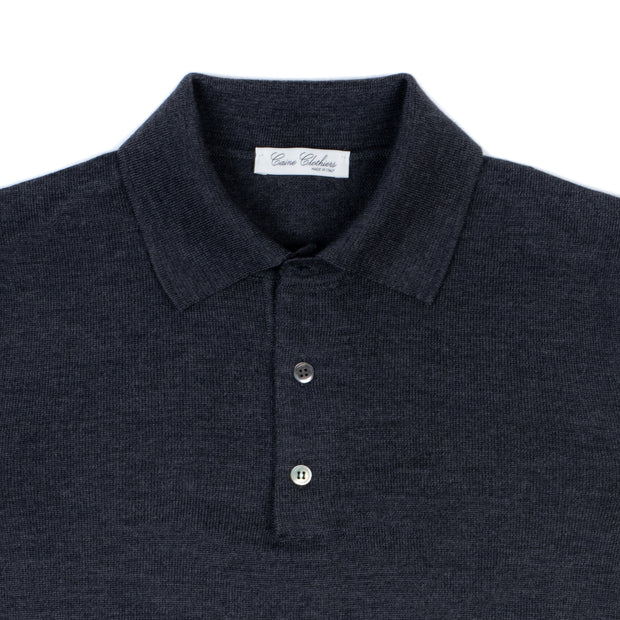 Long Sleeve Knitted Polo in Charcoal Merino Wool