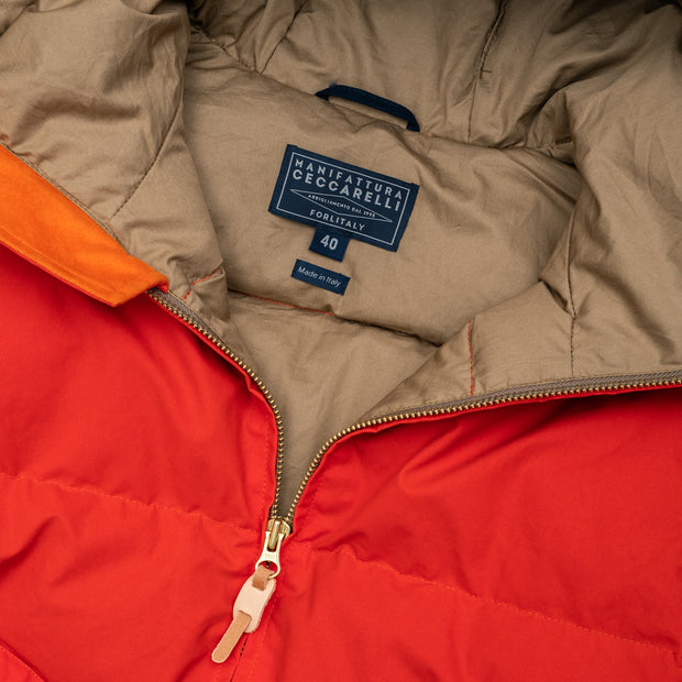 Down Hooded Jacket in Dry Wax Cotton - Orange