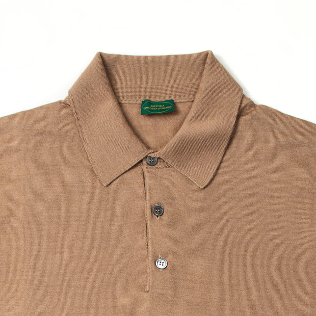 Long Sleeve Knitted Polo in Cashmere, Wool and Silk - Beige